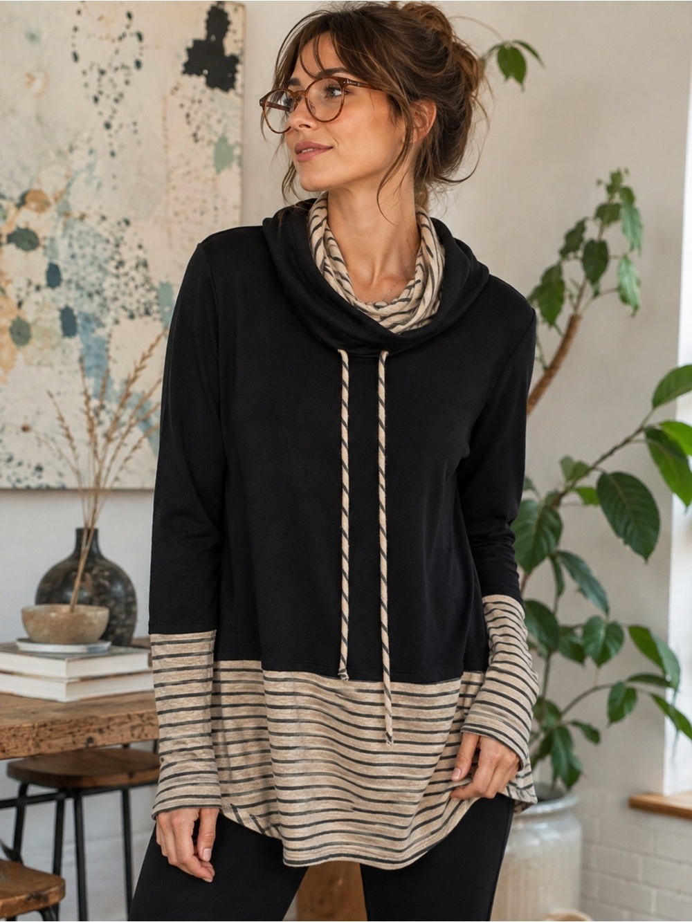 BIBI Cowl Neck Striped Colorblock Tunic Top Women’s Small Black Beige Boho